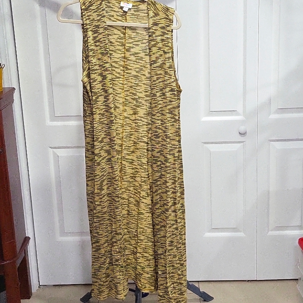 Like New LulaRoe Long Vest Sweater. Large, gold, green, and white pattern.